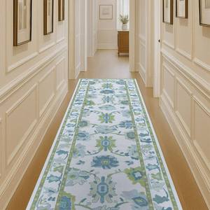 lot 65 image: Green Oushak Rug, Modern Rugs, Vintage, Turkish, Eclectic, Floral, Pastel, Washable, Small Throw, Accent Area Rug for Living Room, Bedroom, Kitchen, Bathroom, 25x411 - Retail $47