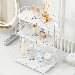lot 66 image: Bathroom Organizer Countertop Perfume Organizer Makeup Organizer Cosmetics Storage Display Rack Vanity Tray Dresser Stainless Steel Silver Shelf White Marble Ceramic Tray - Retail $90