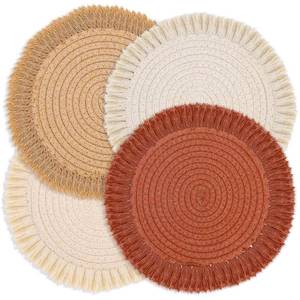 lot 74 image: 13 Inch Round Cotton Placemat Set of 4 Boho Placemats Table Mats Woven Washable Table Placemats for Fall Kitchen Dining Home Farmhouse Thanksgiving Christmas Decoration Heat Resistant Place Mat - Retail $20