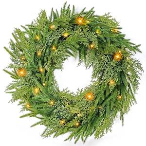 lot 80 image: 24 Prelit Christmas Wreath for Front Door, Real Touch Norfolk Pine Wreath Thick & Soft Christmas Wreaths with Light, Timer, Norfolk Pine Cypress Leaf Christmas Door Wreath for Home Wall Outdoor Decor - Retail $30