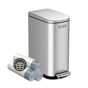 lot 85 image: KSSKSS 2.6 Gallon Slim Bathroom Trash Can with Soft Close Lid, 10L Stainless Steel Garbage Can with Removable Liner Bucket, for Narrow Spaces,Bathroom, Bedroom (Silver) - Retail $40