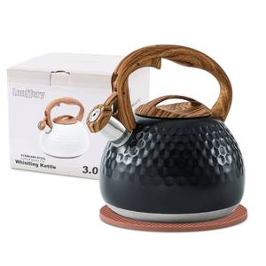 lot 87 image: LONFFERY Tea Kettle for Stove Top, 3 Quart Whistling Tea Kettle, with Food Grade Stainless Steel and Wood Pattern Folding Handle, Black - Retail $28