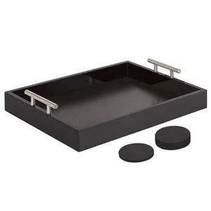 lot 89 image: DAMAGE SEE PHOTOS Juleduo Serving Tray 16.5��X 13��Deluxe Wooden Ottoman Tray for Coffee Table with Polished Silver Metal Handles and 4 Coasters, Living Room Bathroom Coffee Bar Organizer Modern Decorative Black - Retail $28