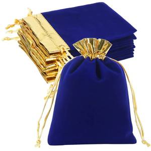 lot 92 image: HRX Package 10pcs Velvet Bags 5x7 inch, Royal Blue Gold Cloth Jewelry Pouches Drawstring Baggies Sacks for Small Gift Dice Party Favor - Retail $8
