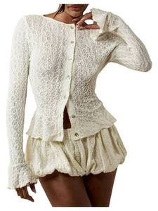 lot 96 image: Small Pink Stain BEAUDRM Womens Crochet Knit Cardigan Button Down Long Sleeve Crewneck Crop Sweater Tops Apricot Medium