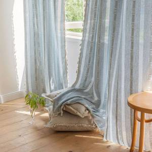 lot 109 image: Boho Curtains for Bedroom Embroidery Striped Farmhouse Linen Curtains 63 Inch Length 2 Panels for Living Room Blue Bohemian Semi-Blackout Window Curtains Rod Pocket Drapes ( 52 W x 63 L,Blue) - Retail $40
