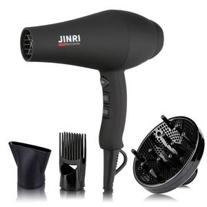 lot 117 image: JINRI Hair Dryer, 1875W, 3 Heat & 2 Speed, with Diffuser, with Concentrator, Ionic Technology & Infrared - Black, Detachable Air Intake, Hanging Strap, Non-Foldable, 125V, JINRI-104 - Retail $44