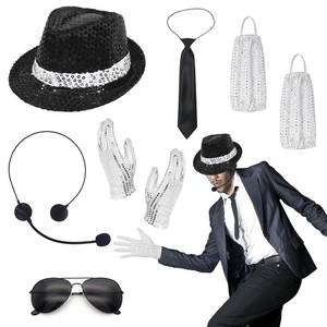 lot 118 image: 8 Pcs Pop Star Costume, 80s Dancer Rocker Star Cosplay Fancy Dress Accessories with Jazz Sequin Hat Glove Sock Tie Sunglasses Head Microphone, King of Pop for Adults Carnival 80 Theme Party Halloween - Retail $19