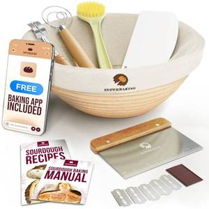 lot 131 image: Superbaking Banneton Bread Proofing Basket, Sourdough Bread Baking Supplies, Round 9 Inch Sourdough Starter Kit, Proofing Basket for Baking, Bread Making Supplies Tools, Banneton Basket Gift Set - Retail $25