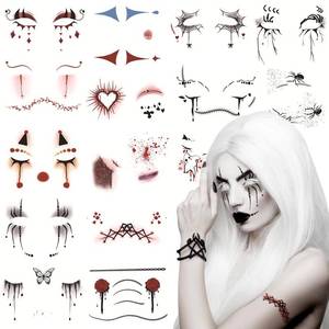 lot 142 image: 15 Sheets Halloween Face Eye Tattoo Stickers Scary Spider Clown Demon Ghost Vampire Spider Web Eye Shadow Temporary Stickers Fake Eyeshadow Makeup Tattoos for Halloween Masquerade Carnival Party - Retail $14
