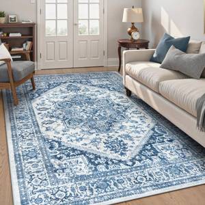 lot 143 image: LIVEBOX Blue Washable Area Rug 5x7 - Large Vintage Tribal Living Room Non-Slip Indoor Carpet for Bedroom, Low-Pile Retro Print Distressed Accent for Nursery Entryway Office - Retail $56