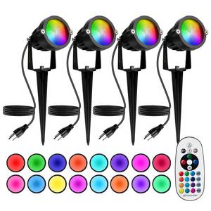 lot 153 image: Halloween Christmas Spotlight Outdoor 12W RGBW LED Spot Lights Outdoor with 16 Color Changing for Yard Garden Decor  4 Pack of IP65 Waterproof 120V Plug in Landscape Lighting with Remote - Retail $50
