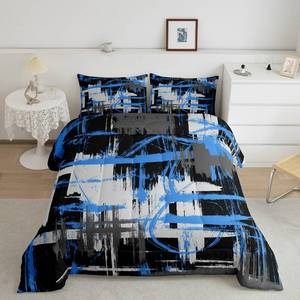 lot 178 image: Feelyou Blue Black Grey Comforter Set Full Size Kids Abstract Art Comforter for Boys Teens Modern Striped Art Bedding Set Breathable Geometric Duvet Set Room Decor Quilt Set - Retail $53