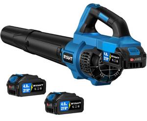 lot 181 image: RYAHT Leaf Blower Cordless, 21V Powerful Electric Leaf Blower with 2 X 4.0Ah Batteries and Charger, 2 Speed Modes, Handheld Lightweight Leaf Blowers for Lawn Care, Patio, Dust, Blowing Leaves, Blue - Retail $2,161