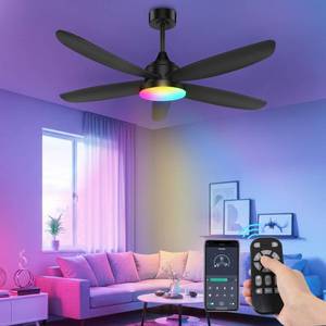 lot 185 image: OUTON Ceiling Fan with Light, Remote & APP Control, 42 Black RGB Ceiling Fans with 6 Reversible Speeds, 3000-6500K Stepless Dimming, Modern Small Low Profile Ceiling Fan for BedroomIndoorOutdoor - Retail $39
