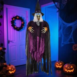 lot 186 image: Prsildan 6.6FT Hanging Witch Halloween Decorations Outdoor, Animated Talking Witches with Color-Changing LED Eyes & Scary Sounds, Touch & Sound Sensor Halloween Decor for Yard Porch Haunted House - Retail $33