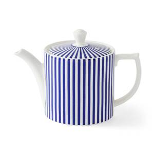 lot 190 image: CHIPPED Spode Steccato 37 oz Ceramic Teapot, Blue Stripe Accent - Microwave & Dishwasher Safe Teaware for Hosting Brunch, Serving Afternoon Tea, or Enjoying a Cozy At-Home Tea Ritual - Retail $127