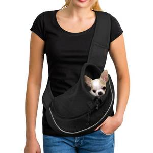 lot 196 image: YUDODO Pet Sling Carrier for 10-15 lbs Small Dogs & Cats �� Hands-Free Puppy Carrier with Safety Hook, Large Zipper Pocket, Soft Breathable Mesh, Adjustable Strap & Reflective Strip (L, Black 2.0) - Retail $37