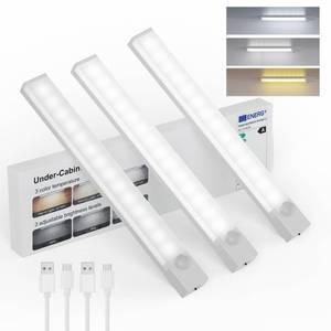 lot 198 image: Under Cabinet Lighting 8 Inches Rechargeable Motion Sensor Light Indoor, 3 Color Dimmable Closet Light Battery Operated, USB Stick on LED Magnetic Under Counter Lights for Kitchen Stair, 3 Packs - Retail $10