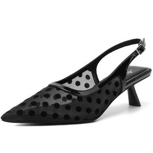 lot 219 image: Mostrin Black Polka Dot Slingback Kitten Heels Sexy Pointed Toe Pumps Low Heel Dress Shoes for Dating Party Working Size 8 - Retail $40