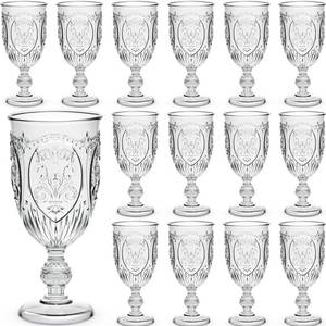 lot 220 image: Wiwiqing 24 Pcs Plastic Goblets 7.5oz Vintage Goblet Plastic Wine Glasses Colored Retro Embossed Water Goblets for Wine Bar Juice Baby Shower Wedding Reception Grand Event Party (Clear) - Retail $50