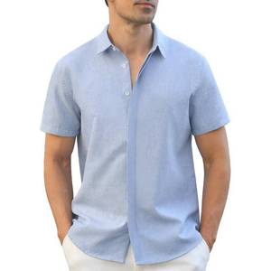 lot 251 image: Rioofinx Mens Button-Down Shirts Wrinkle Free Short Sleeve Shirt Textured Linen-Look Casual Top for Summer, Beach Vacation Linen-Light Blue XL - Retail $17