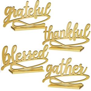 lot 252 image: 4 Pieces Thanksgiving Fall Letter Table Sign Thankful Grateful Blessed Standing Letter Table Sign Wood Rustic Table Decoration for Farmhouse Thankful Grateful Blessed Decor for Home - Retail $12