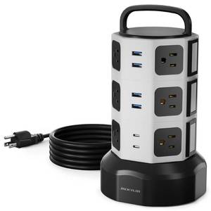 lot 255 image: ��10ft�� Power Strip Tower JACKYLED Surge Protector Electric Charging Station with 13A 12 Outlets 6 USB Ports Heavy Duty Extension Cord for Home Office Computer Nightstand Laptop Phone White Black - Retail $44