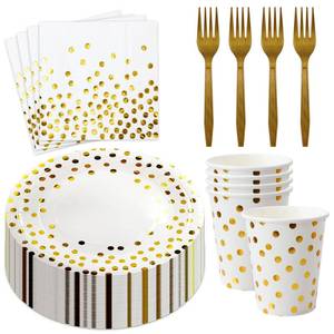 lot 258 image: MAY OR IS MISSING  Pcs White and Gold Paper Plates, Forks and Cups Party Supplies, Disposable Paper Dessert Cake Plates Tableware Supplies for Birthdays, Graduations, Weddings, Holidays (40 Guests)(7 inches) - Retail $15