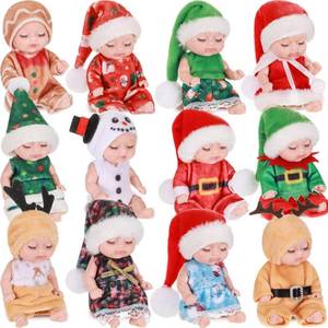 lot 266 image: MISSING OUTFITS,DOLLS ONLY Hanaive 12 Pcs Mini Reborn Baby Doll Cute Christmas Doll Gifts 4 Inch Realistic Dolls with Clothes Lifelike Mini Baby Dolls Set for Girl Boy 3 Birthday Gift(Santa Style) - Retail $24