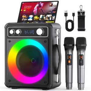 lot 269 image: VOSOCO Karaoke Machine, Portable Bluetooth Karaoke Speaker with 2 Wireless Microphones, PA System for Adults Kids with LED Lights & Echo Adjustment, Supports TWSTFUSBAUX for Home Party - Retail $70