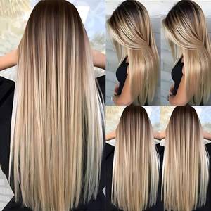 lot 281 image: JOUKAYEA Long Ombre Brown Blonde Wig for White Black Women, Synthetic Straight Highlight Dirty Blond Wig with Dark Roots, Golden Hispanic Ladies Realistic Natural Looking Hair Replacement Wigs - Retail $24
