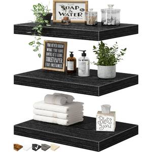 lot 298 image: QEEIG 10 Deep Floating Shelves for Wall - 10 x 16 inch Book Shelf Bathroom Bedroom Kitchen Living Room Hanging Bookshelf Farmhouse Set of 3, Black (025-40B3) - Retail $28