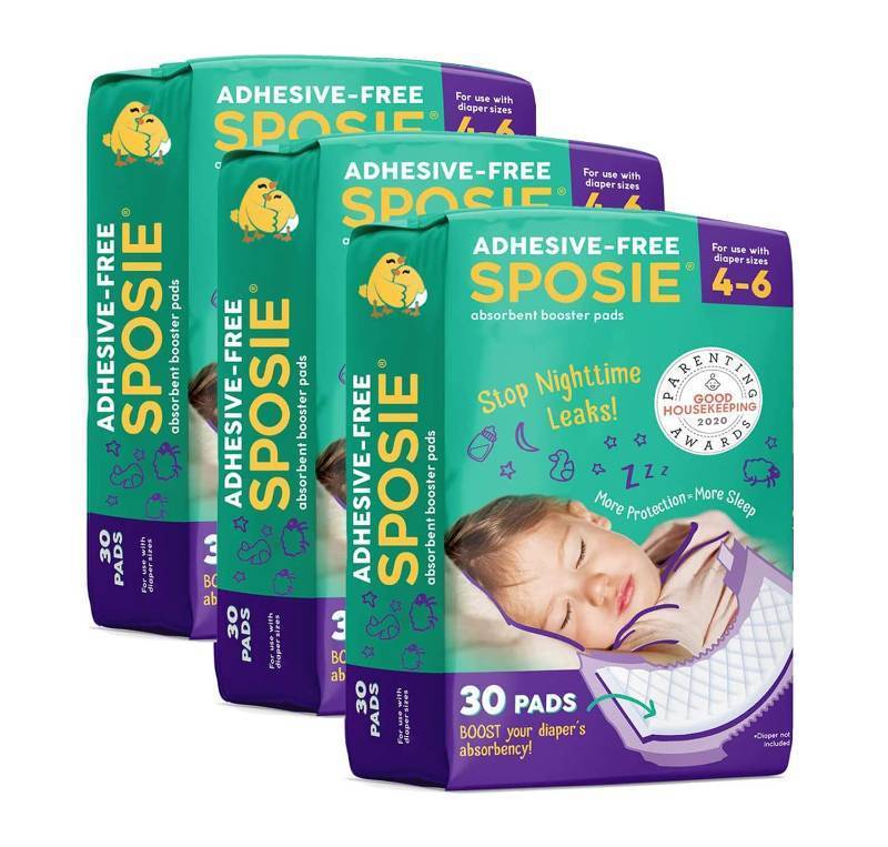 lot 23548 image: Sposie Overnight Diaper Booster Pads, Stops Leaks and Bedwetting, Original Adhesive-Free Absorbent Inserts, Helps Reduce Nighttime Changes and Rash, Use with Sizes 4-6, Made in U.S.A. 90 ct.