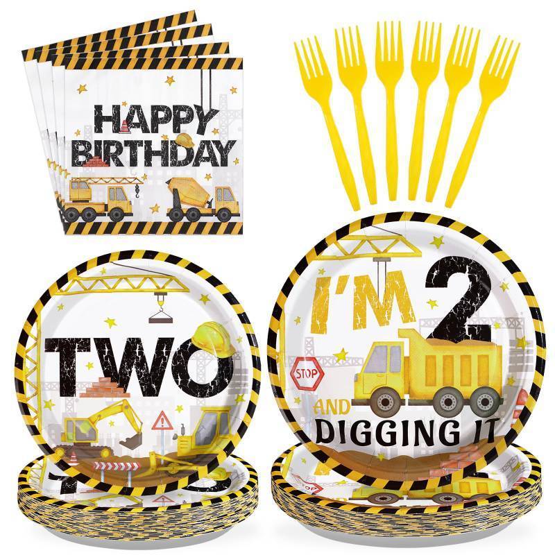 lot 23559 image: 96 Pcs Construction 2nd Birthday Party Supplies Construction Truck Plates and Napkins Tableware 350GSM Excavator Birthday Decorations Favors for Boys Tractor Dump Two Years Old, Serves 24