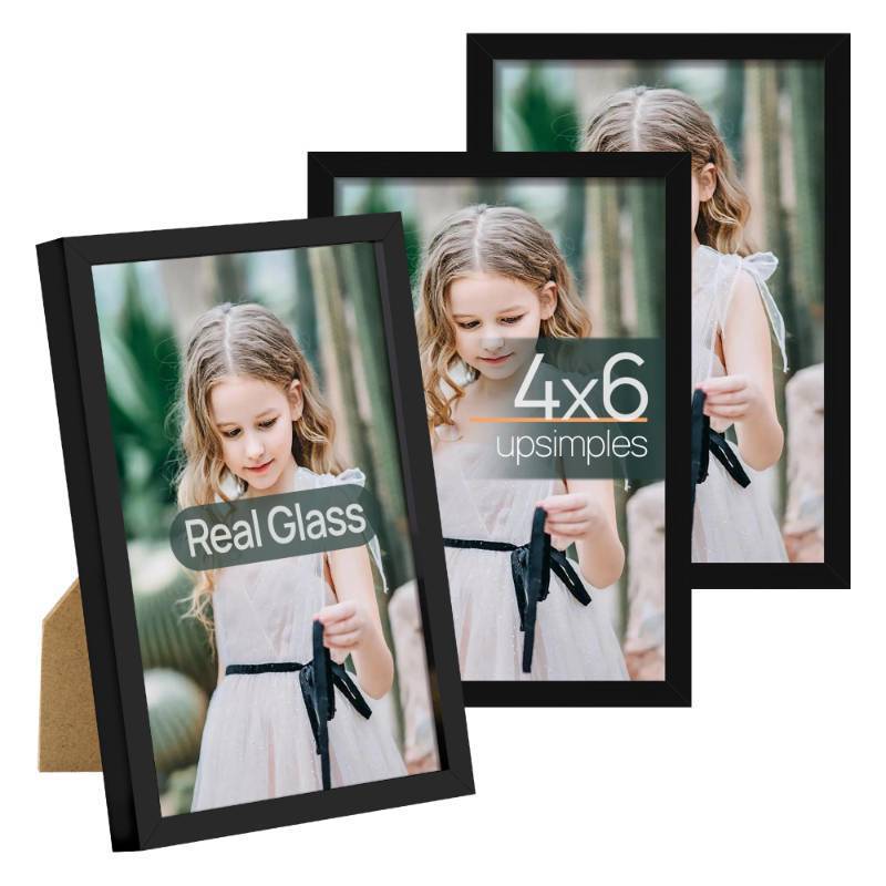 lot 23565 image: upsimples 4x6 Picture Frame Set of 3, Made of High Definition Glass for 4 x 6, Wall and Tabletop Display Thin Border Photo Frames for Home Decor, Black