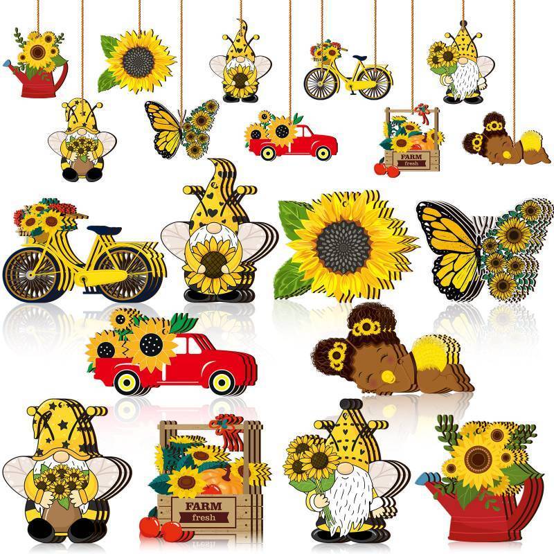 lot 28759 image: Chunful Christmas Sunflower Gnome Tree Ornament Summer Wooden Hanging Ornaments Small Tree Decorations with Rope for Xmas Holiday Sunflower Theme Birthday Party Favor Supplies(30 Pcs,Cute Style)