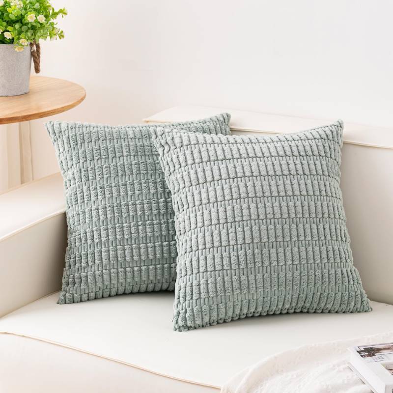lot 28762 image: Aegero Pack of 2 Corduroy Decorative Throw Pillow Covers 18x18 Inch Soft Striped Pillow Covers Modern Farmhouse Home Decor for Sofa Living Room Couch Bed Aqua
