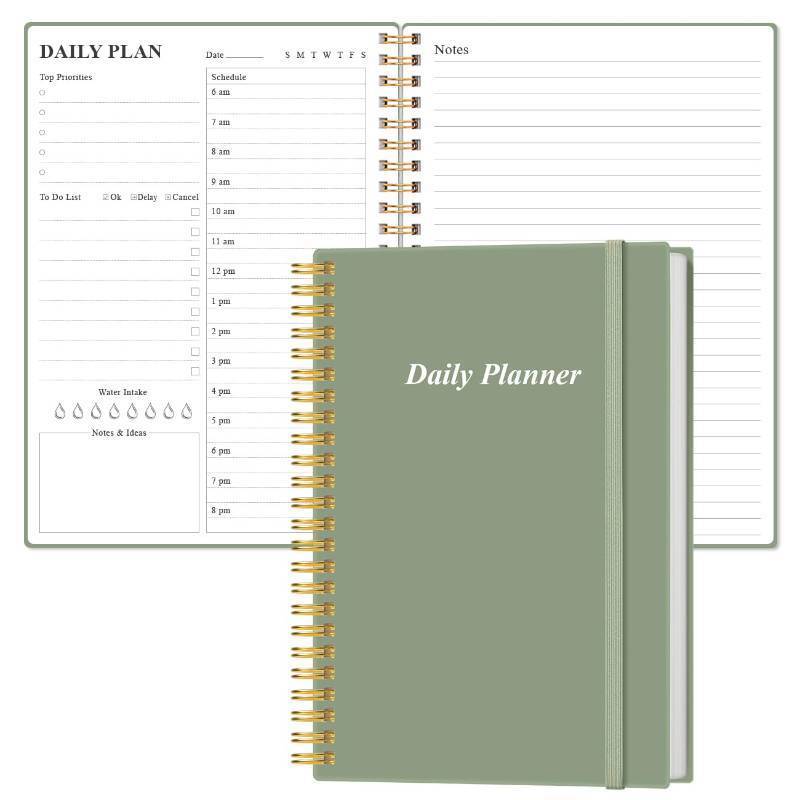 lot 28791 image: Daily Planner Undated - A5 To Do List Notebook Hourly Schedules, Spiral Appointment Planner for Women and Men, PVC Hardcover, Inner Pocket, Elastic Closure, 5.8 x 8.3, Green