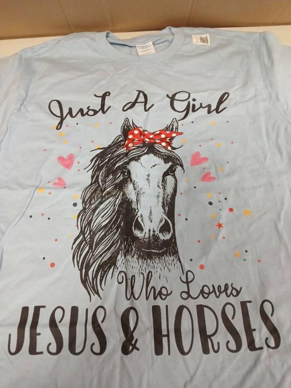 lot 28833 image: Just A Girl Who Loves Jesus and Horses Tshirt  Blue Large