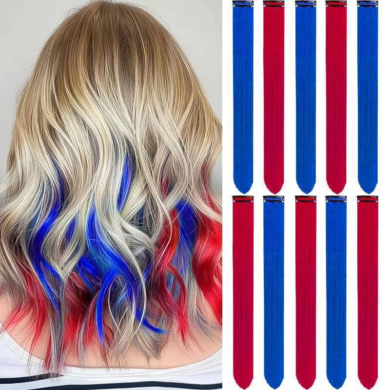 lot 37766 image: LADYAMZ Colored Hair Extensions 10 PCS, Colorful Party Highlights Clip in Synthetic Hair Extensions, Red and Blue Hair Accessories Hairpiece for Girl Women Party Favor Cosplay Gift 22 In