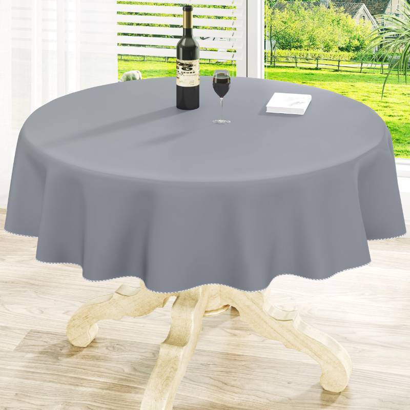 lot 39183 image: Homing Round Vinyl Tablecloth, Waterproof Spillproof Plastic Flannel Backed Table Cloth, Wipe Clean Table Cover for Dining, Buffet Parties and Camping (Grey, 60)