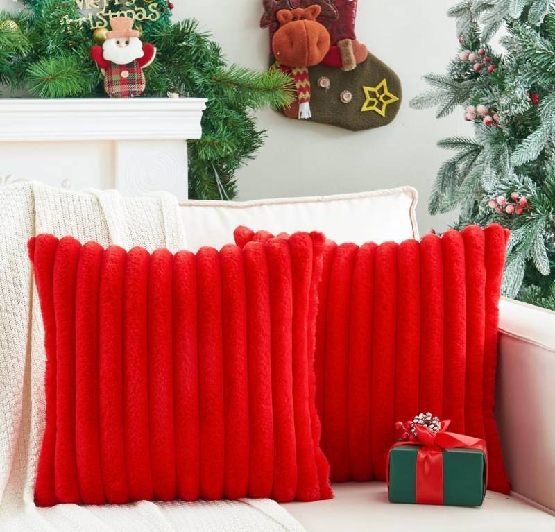 lot 39200 image: GriNeed Pack of 2 Christmas Red Pillow Covers 18x18 Inch Decorative Faux Fur Throw Pillow Cover, Soft Lumbar Plush Pillowcases for Couch Sofa Bed Living Room, Fluffy Cute Home Boho Accent Decor