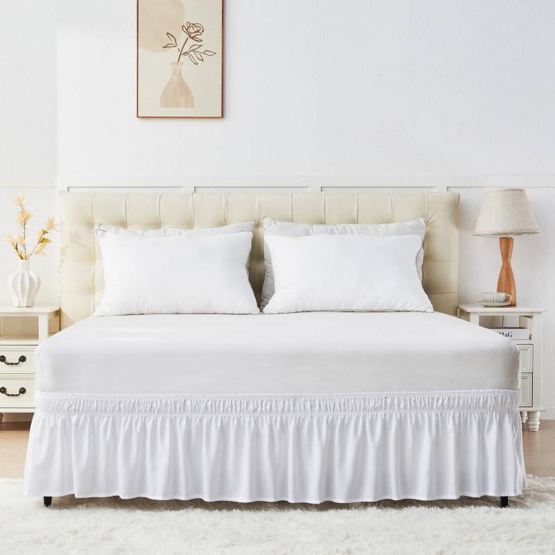 lot 47685 image: U-NICE HOME White Wrap Around Bed Skirt KingCal King Sized - 14 Drop, Effortless Elastic Fit, Wrinkle Resistant & Pleated Design - No Mattress Lift - for Modern & Classic Bedrooms