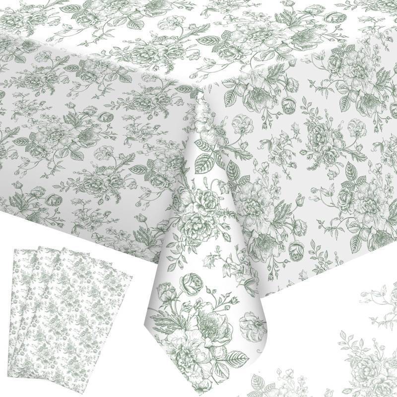 lot 47691 image: Buryeah 4 Pcs Sage Green Floral Tablecloth Rectangle Disposable Plastic Table Cloth Flower Table Cover for Summer Picnic Wedding Birthday Baby Shower Party Favors, 54 x 108 Inch