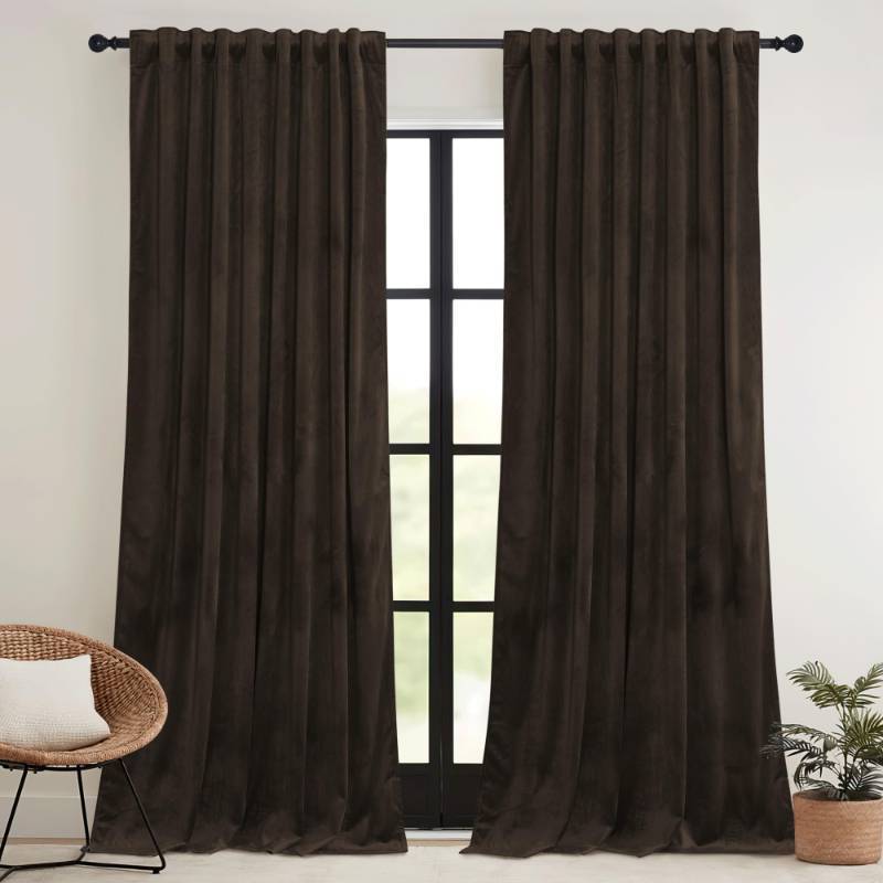 lot 47704 image: RYB HOME Brown Blackout Curtains 84 inches Long Velvet, Room Darkening Thermal Insulated Drapes with Hook Belt for Bedroom Home Theater, W 52 x L 84 inches, 2 Panels Set