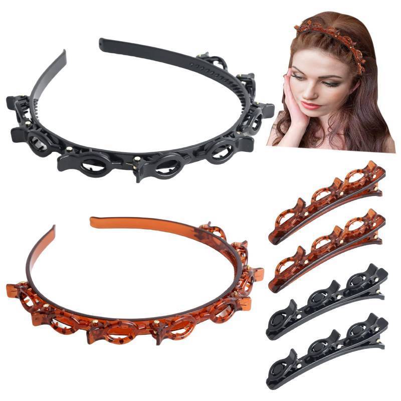 lot 54172 image: HLTOO 6PCS Acrylic Braided Hair Clips, Bangs Hairstyle Hairpin Headband with Clips, Toothed Headband Braid Tool, for Women and Girls Hair Styling Accessories, 2 Colors (Black and Brown)