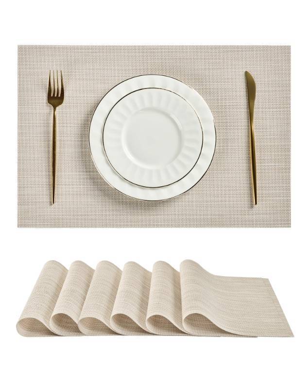 lot 28850 image: Leetaltree Beige White Placemats Set of 6 - Heat Resistant Non-Slip Place mats for Dining Table, Washable Durable PVC Vinyl Woven Table Mats(Beige White, 6)
