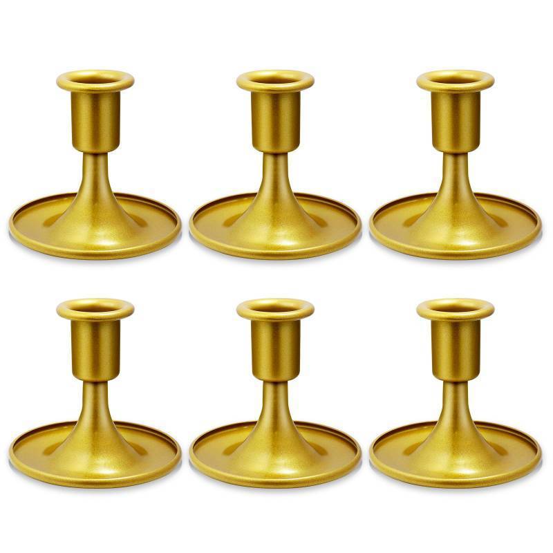 lot 47796 image: Candlestick Holders 6 PCS Short Metal Taper Candle Holders, KSWING Gold Candle Stick Holders Set, Perfect for Table Centerpiece Mantel Party Wedding Christmas Home Decor, Set of 6