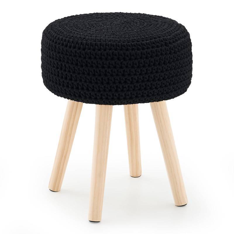 lot 47800 image: LGENHOOM Cotton Knitted Ottoman Round Vanity Stool Modern Footstool Ottoman Footrest with Non-Skid Wood Legs for Living Room Bedroom Black Missing Legs